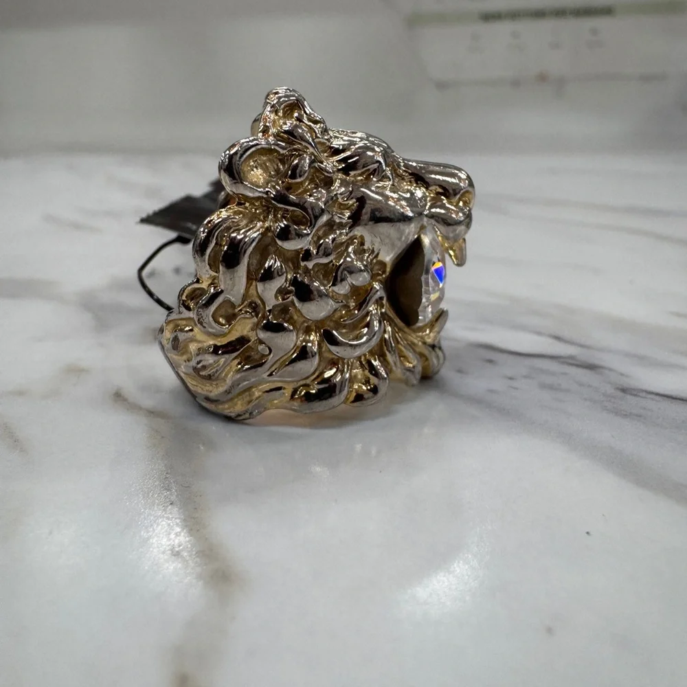 Gucci Two-Tone Lion Head Ring with Crystal Accent